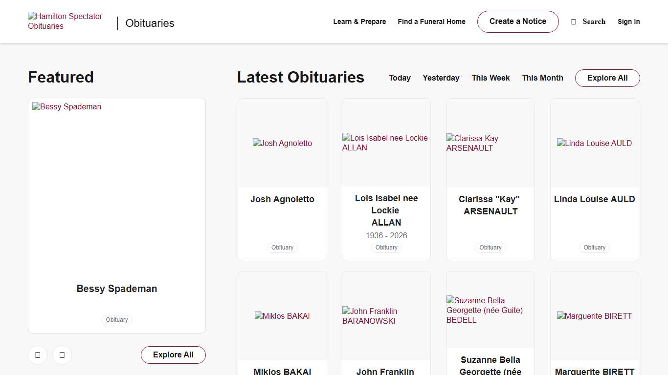 Obituaries Hamilton Spectator